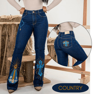 Calça Jeans Feminina Country Bordada Boiadeira Com Elastano Lycra ALTO PADRÃO