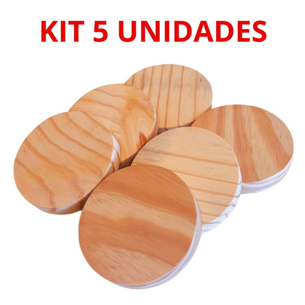 Kit 5 Placa Base Redonda Bolacha Madeira Pinus 8 10 12 14 cm diametro