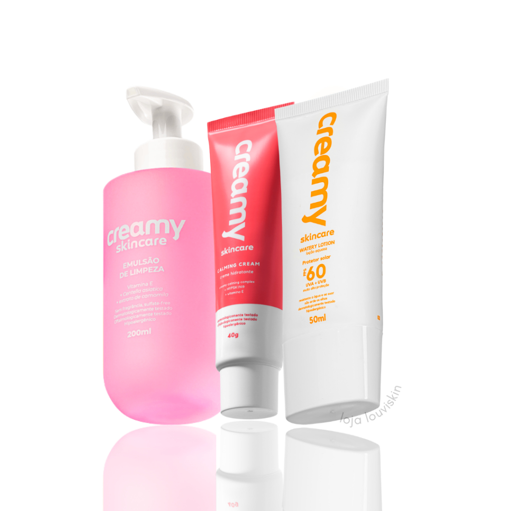 Kit Creamy Skincare Peles Secas ou Ressecadas - Emulsão de Limpeza, Hidratante Calmante Calming Cream e Protetor Solar