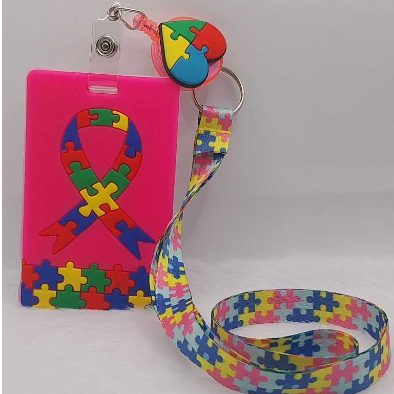 Cordão + Roller Clip + Porta Cartão Personalizado Emborrachado Autismo Rosa em Oferta na Shopee