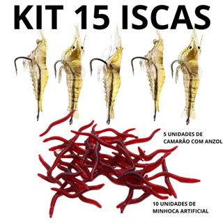 Isca artificial kit 15 unidades 5 camarões com anzol e 10 minhocas pesca Tucunaré, Corvina,  Traíra, tilápia, mandi em Oferta na Shopee