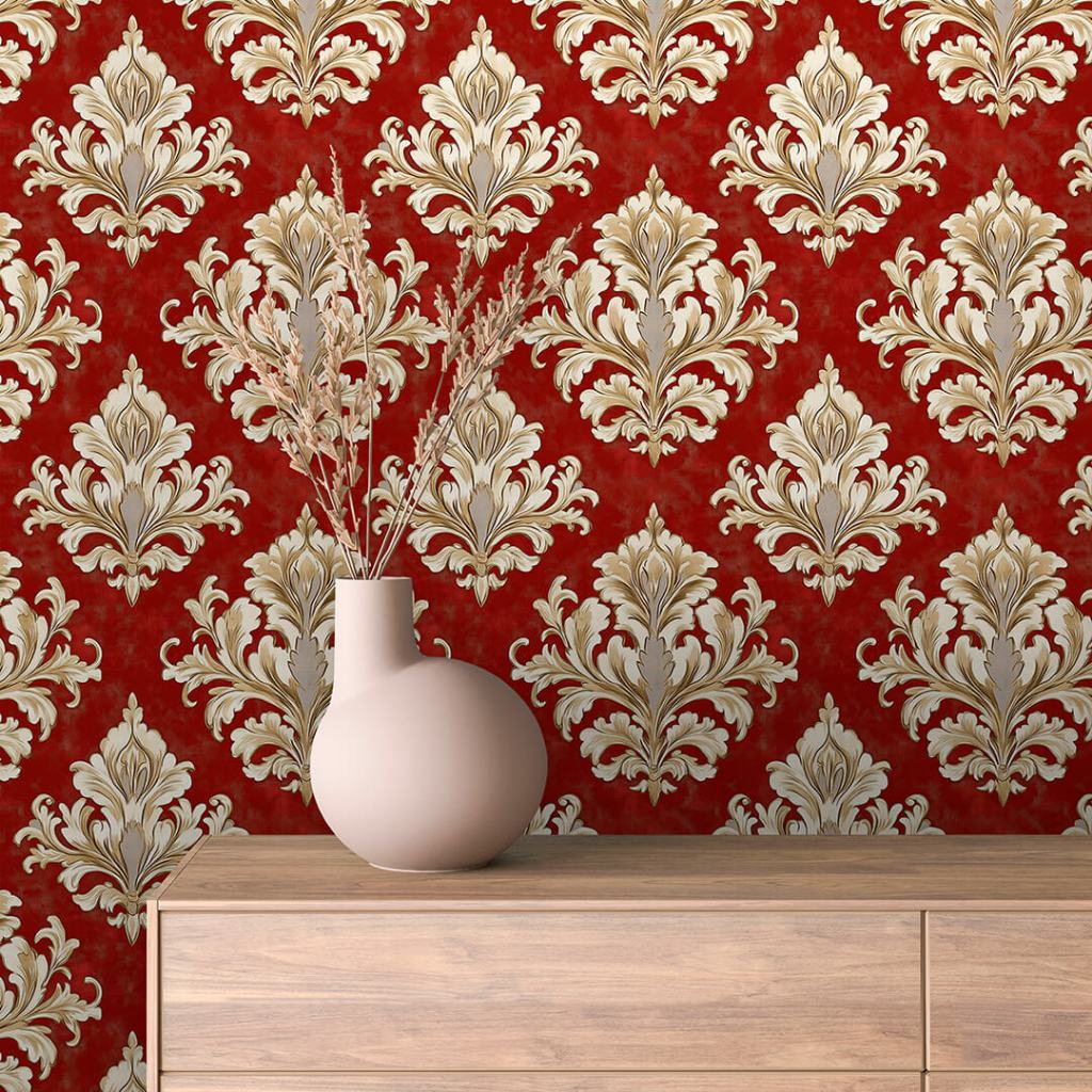 Papel de Parede Para Sala Arabesco Clássico Dourado Fundo Vermelho Sofisticado Adesivo Lavavel