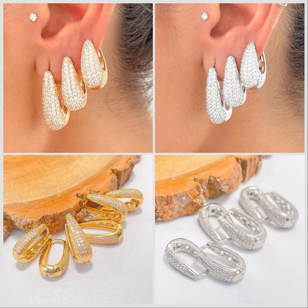 TRIO Luxo 3 Pares de Brincos Cravejada Zircônias Banhada em Ouro 18k e Prata 925. em Oferta na Shopee