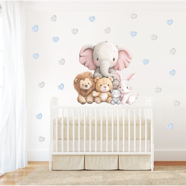 Adesivo decorativo Infantil Elefante e bichinhos e coração azul e cinza para quarto de menino
