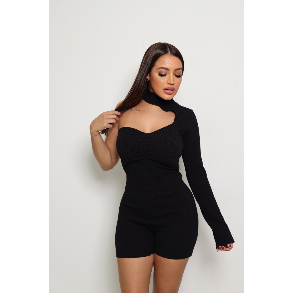 Macaquinho Sexy Nula Manga Canelado Gola Curto