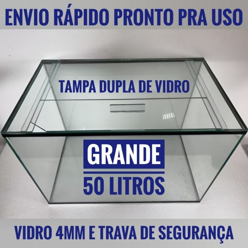 aquário 50 litros grande e reforçado com trava 50cmx30cmx35cm em vidro transparente com tampa de vidro partida em Oferta na Shopee