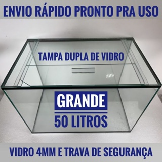 aquário 50 litros grande e reforçado com trava 50cmx30cmx35cm em vidro transparente com tampa de vidro partida em Oferta na Shopee