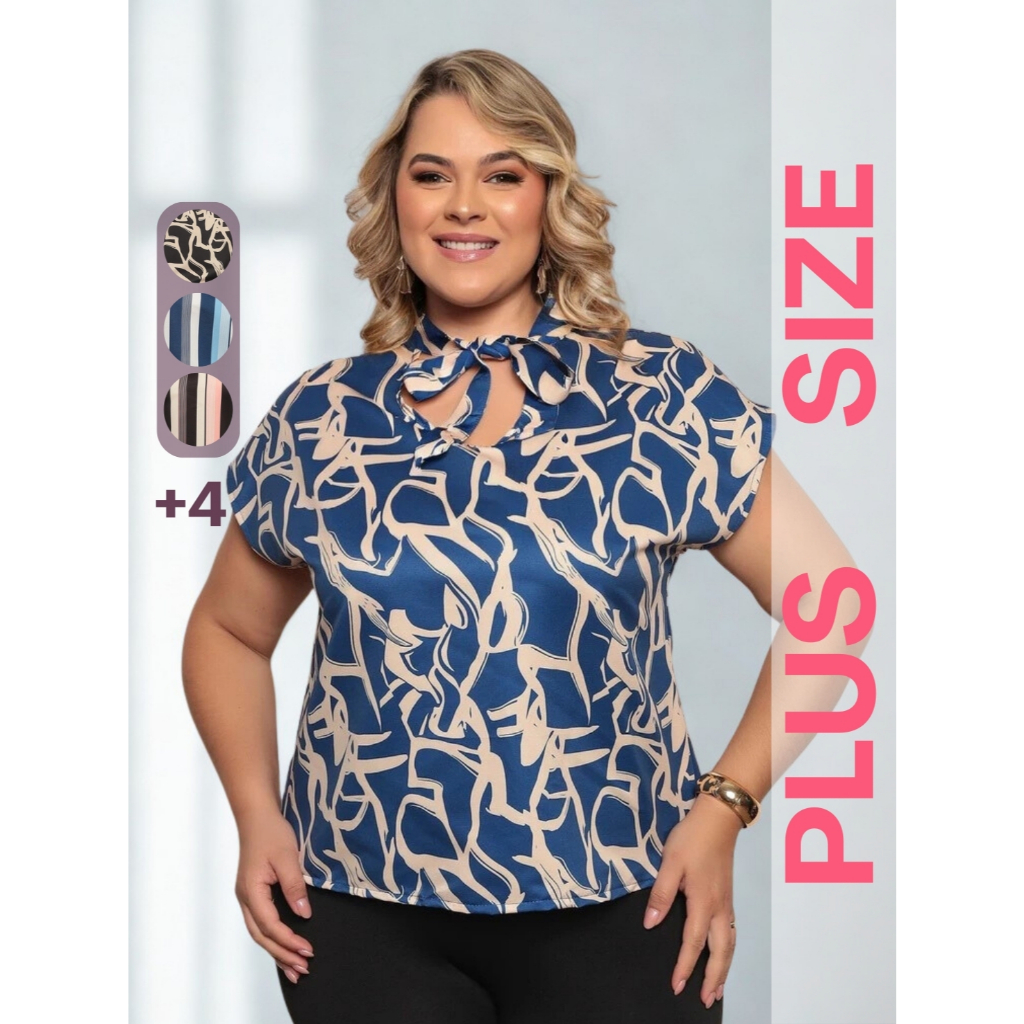 Blusinha Camiseta Plus Size com Laço no Pescoço Manga Morcego Tecido Alfaiataria Premium