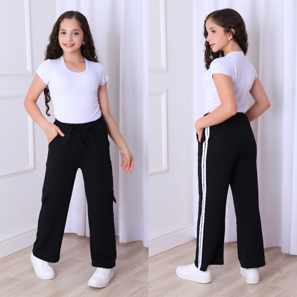 Calça Pantalona Listra infantil e Juvenil Tecido Malha Crepe  calça wide leg infantil menina  calça flare menina infanti em Oferta na Shopee