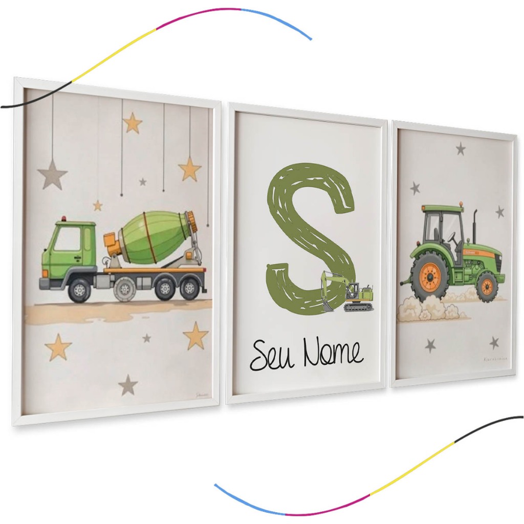 Quadros Decorativos Infantis, Tema Construção e Trator, Trio de Placas com Letra Personalizada,