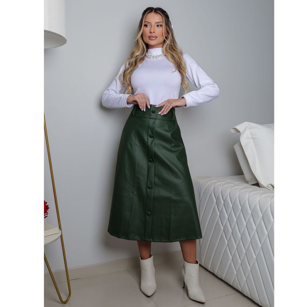 Saia Longa Feminina Couro Sintético – Com Botões Frontais em Oferta na Shopee