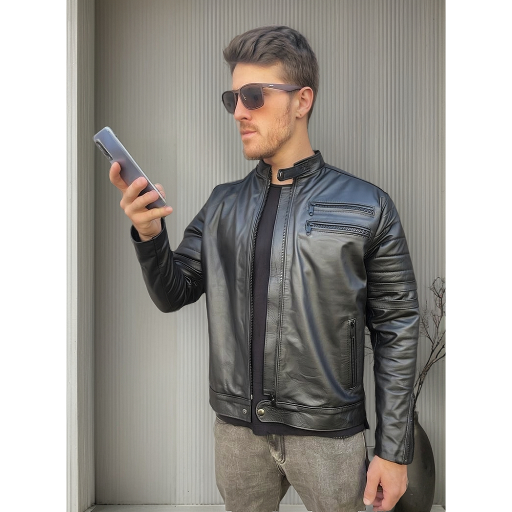 Jaqueta de couro legítimo bovino masculina couro grosso blitz preta