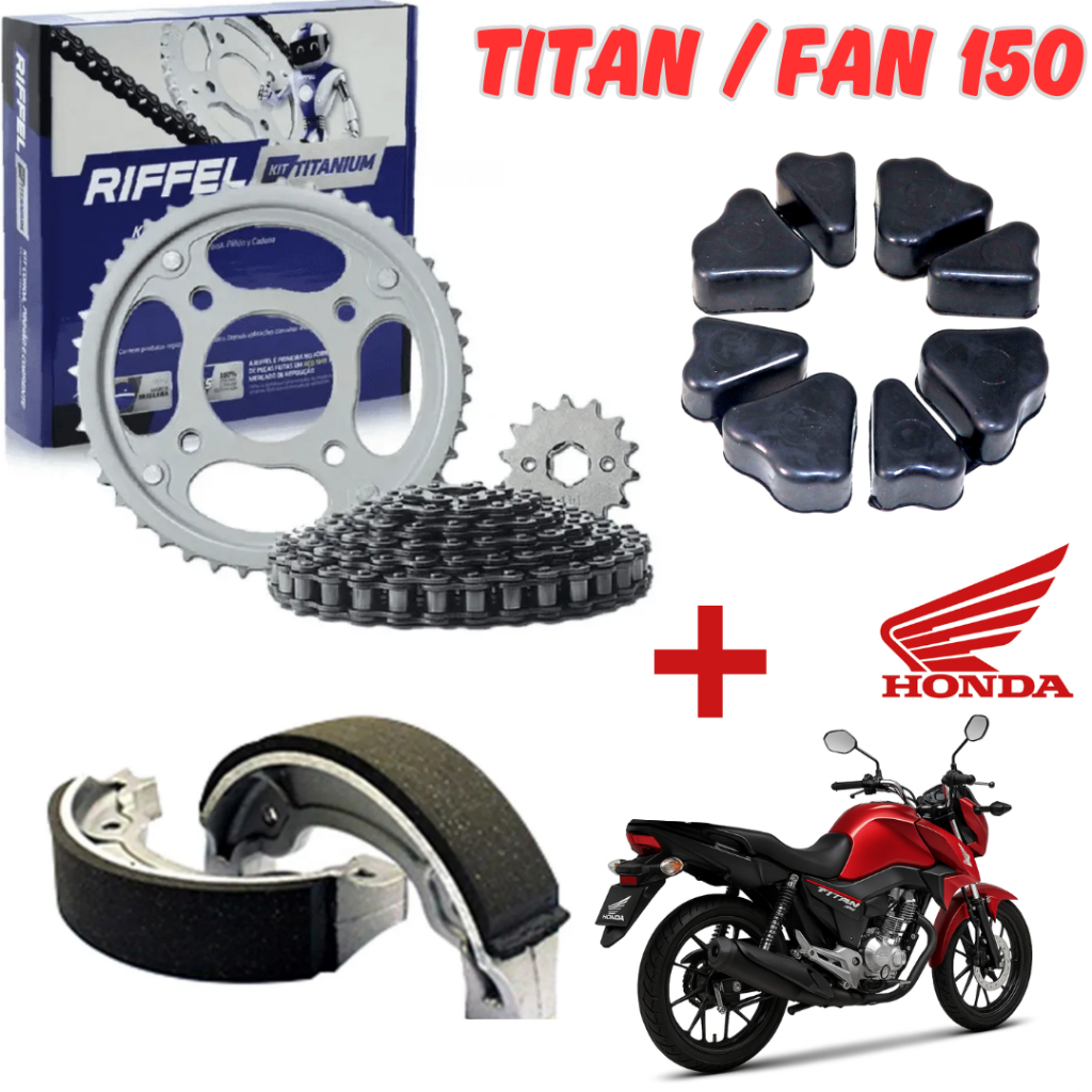 Relação Transmissão Riffel Titan 150 + Lona de Freio (Patim) + Coxim da Coroa em Oferta na Shopee