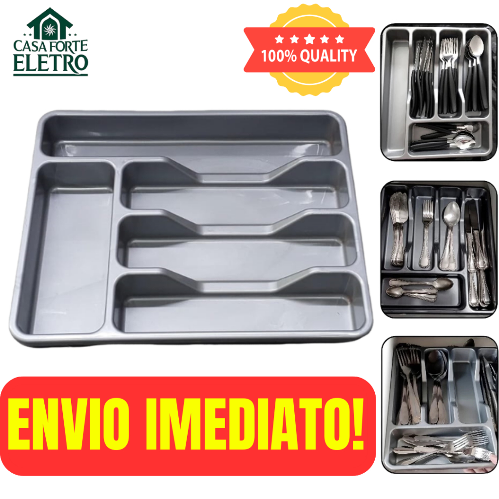 Separador de Talheres p/ Gaveta 5 Divisórias Cinza – Organizador Reforçado Premium L 26 X C 32 A 3,5