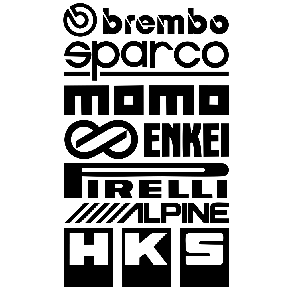 Adesivos Tunning Kit 7 Unidades Vidro Traseiro Carro Brembo Pirelli Sparco Momo HKS Enkei Alpine