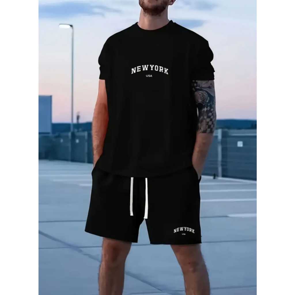 Conjunto Masculino NEW YORK Camiseta Streetwear Masculina + Bermuda Tectel Estampada Kit