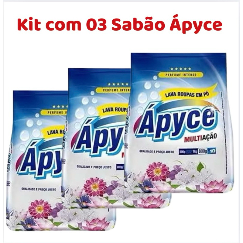 Sabão em Pó Ápyce Multiação 800g –Kit com 03 Perfume Intenso e Limpeza Profunda