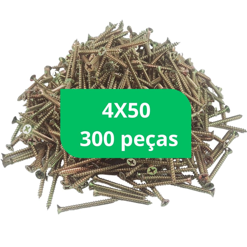 Parafuso Madeira 4x50 MDF Kit Caixa 300 peças Marcenaria Chipboard Cabeça Chata Philips Ph2 4 x 50