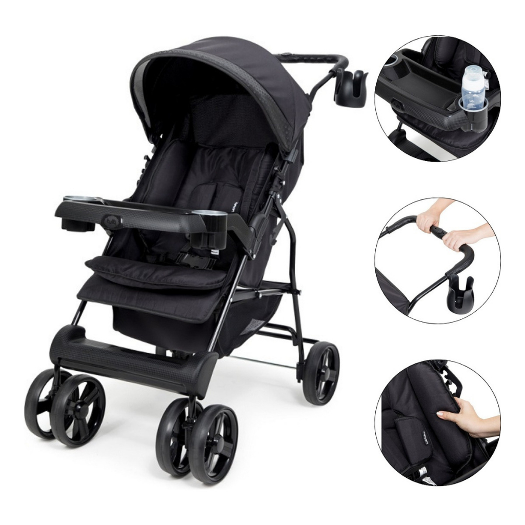 Carrinho Para Bebê Berço 0 A 15kg Theros Preto / Rosa Tutti Baby Oferta Passeio Porta Copos Objetos