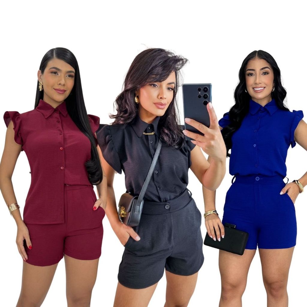 Conjunto Feminino Blusa Feminina Short Crepe Dunas Gola Bolso em Oferta na Shopee