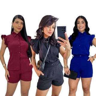 Conjunto Feminino Blusa Feminina Short Crepe Dunas Gola Bolso em Oferta na Shopee