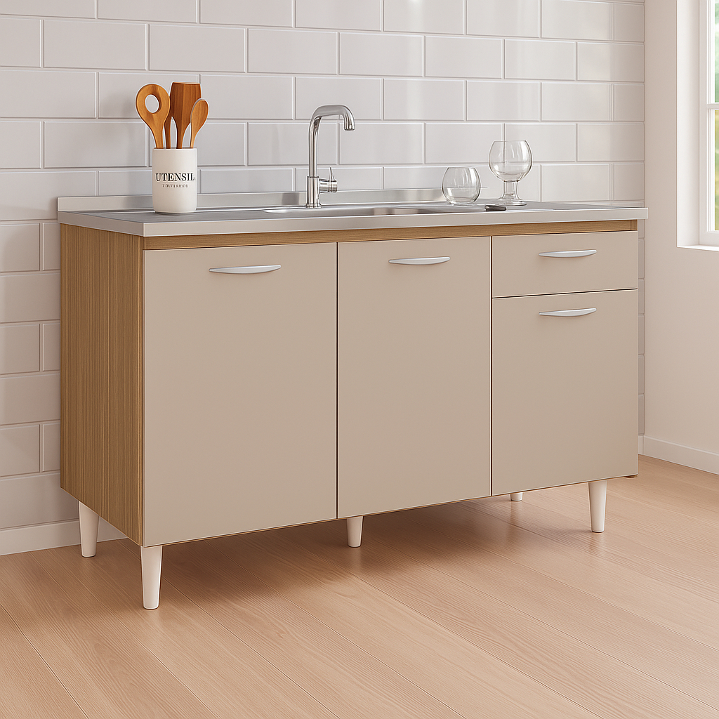 Balcão de Cozinha 120 CM Para Pia 3 Portas 1 Gaveta 100% MDF/MDP Compacta Resistente - AV