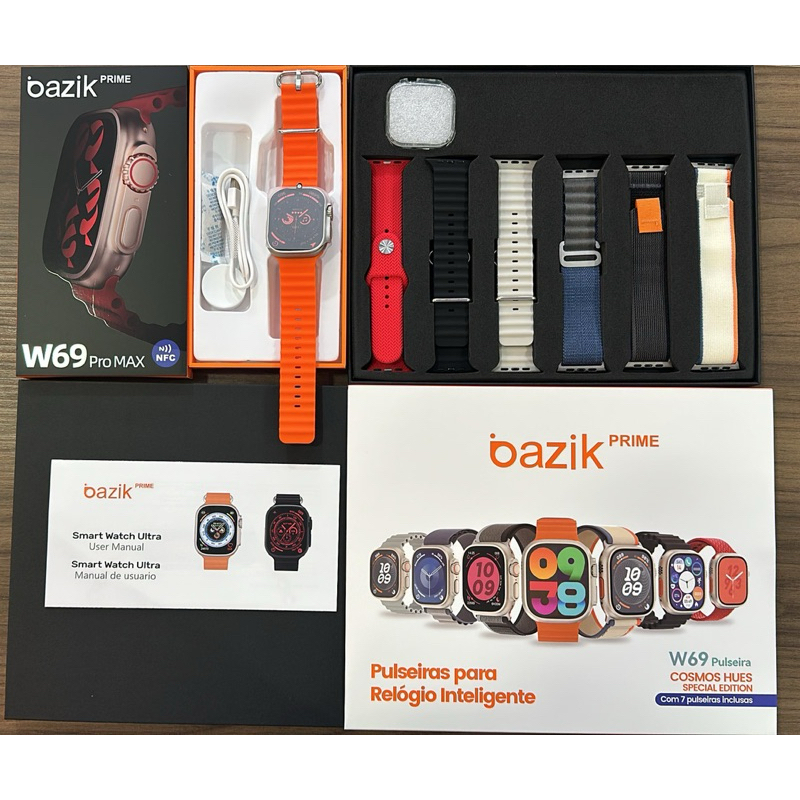 Relógio SmartWatch W69 PRO MAX NFC Basik Prime / kit relogio + 7 pulseiras.