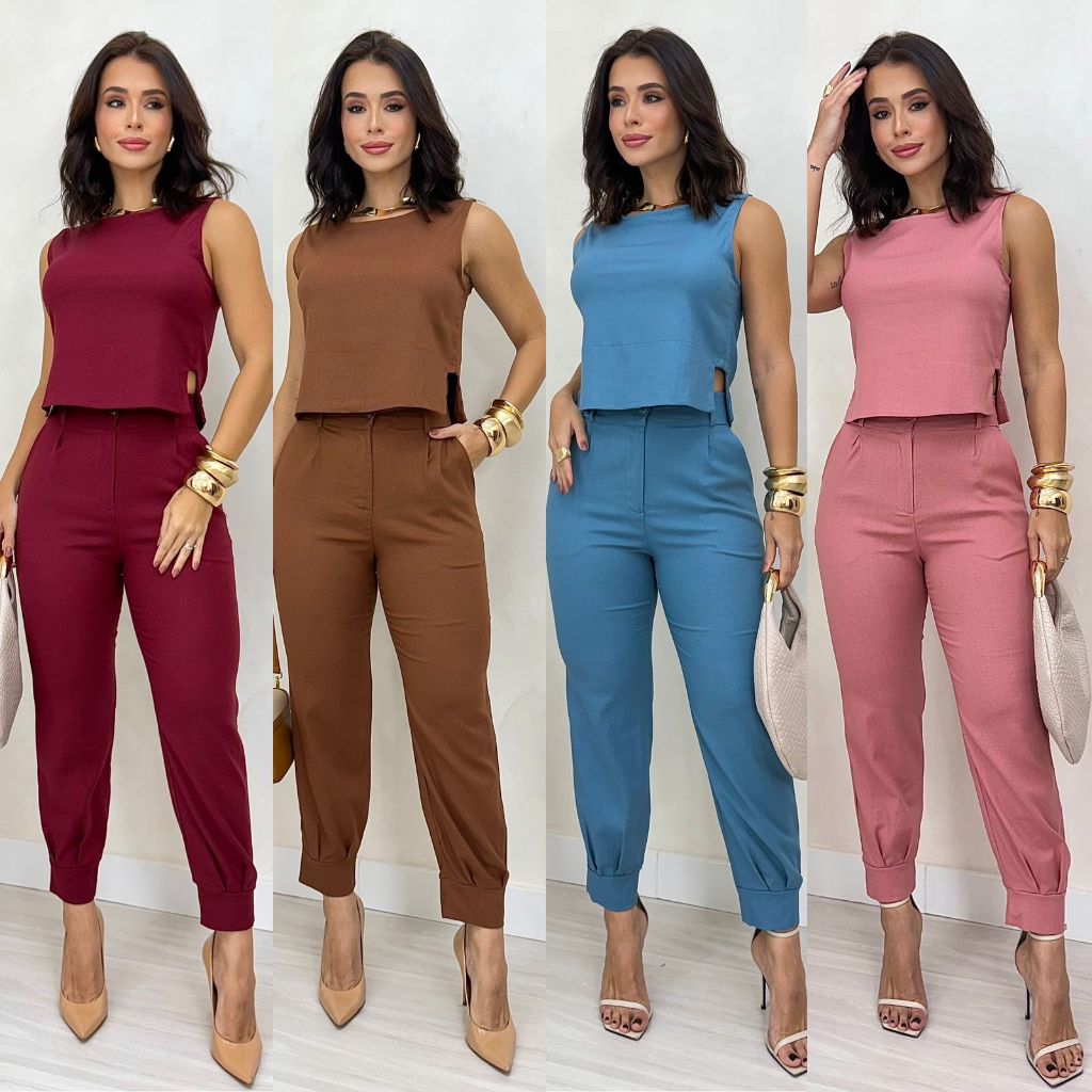 CONJUNTO ALFAITARIA FEMININO ADVOGADA LINHO CALÇA COM PUNHO + REGATA COM DETALHE NA LATERA...