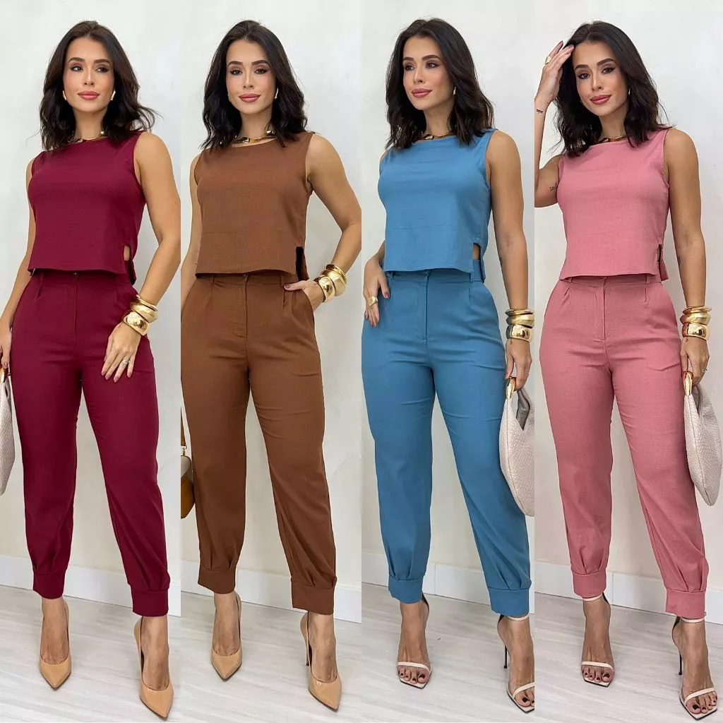 CONJUNTO ALFAITARIA FEMININO ADVOGADA LINHO CALÇA COM PUNHO + REGATA COM DETALHE NA LATERAL — imagem 1