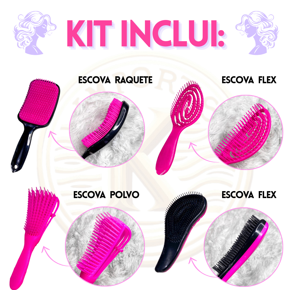 Kit 05 Escova Flex - Raquete Fashion - Escova Mágica - Massageador de Silicone e Touca de Cetim