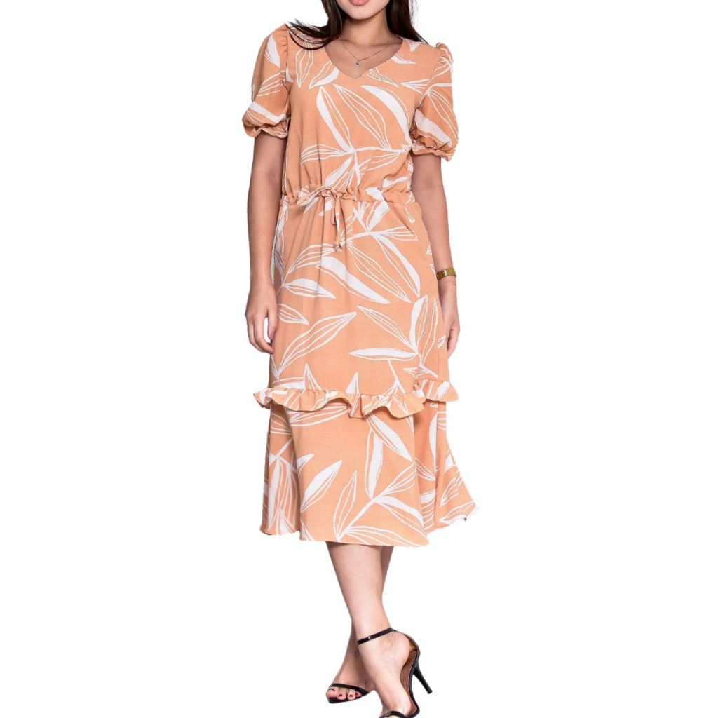 Vestido Midi Feminino Manga Curta com Elastec na Manga