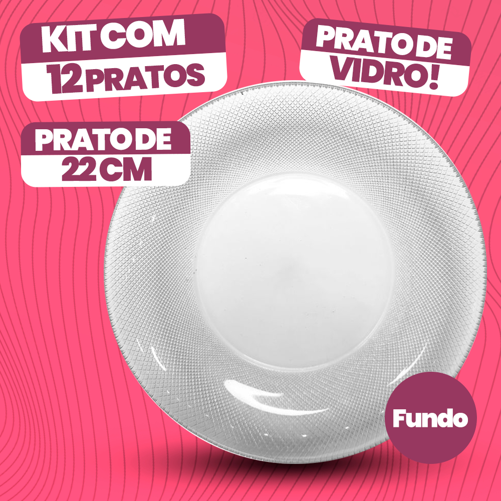 Kit 12 Prato Fundo de Vidro Reforçado Decorado – Elegante, Moderno e Fácil de Limpar – Jogo De Prato Fundo Decorado