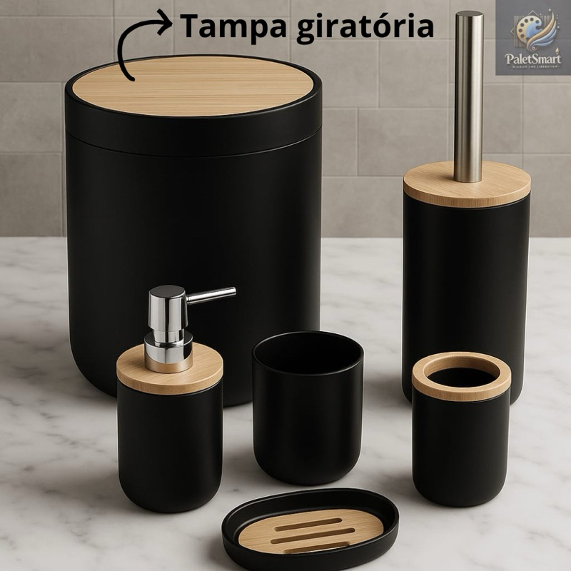 KIT 6 Peças Banheiro Bambu Lixeira com Tampa Giratória Escova Sanitária Conjunto Preto Lux...