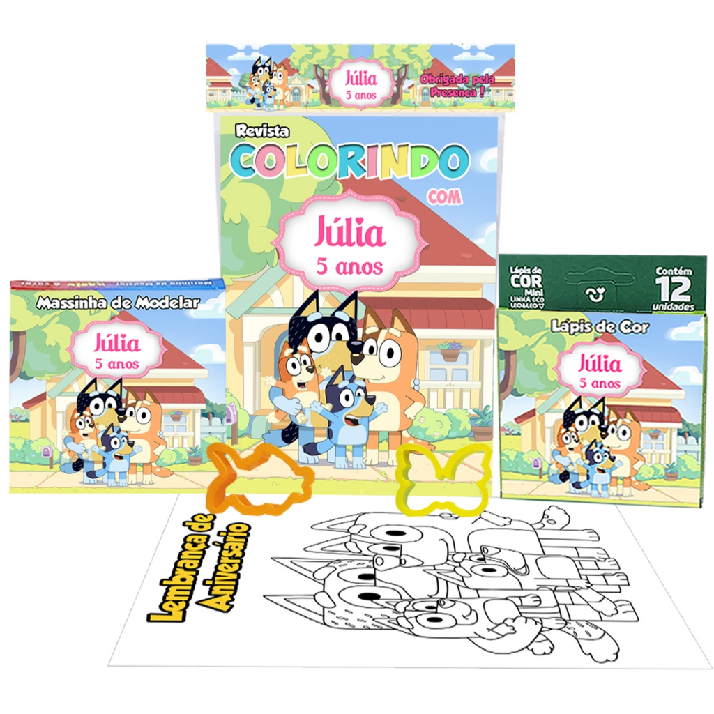 5 Kits Livrinho Livro de Colorir + Lápis de Cor + Massa Massinha de Modelar e Moldes Bluey e Bingo