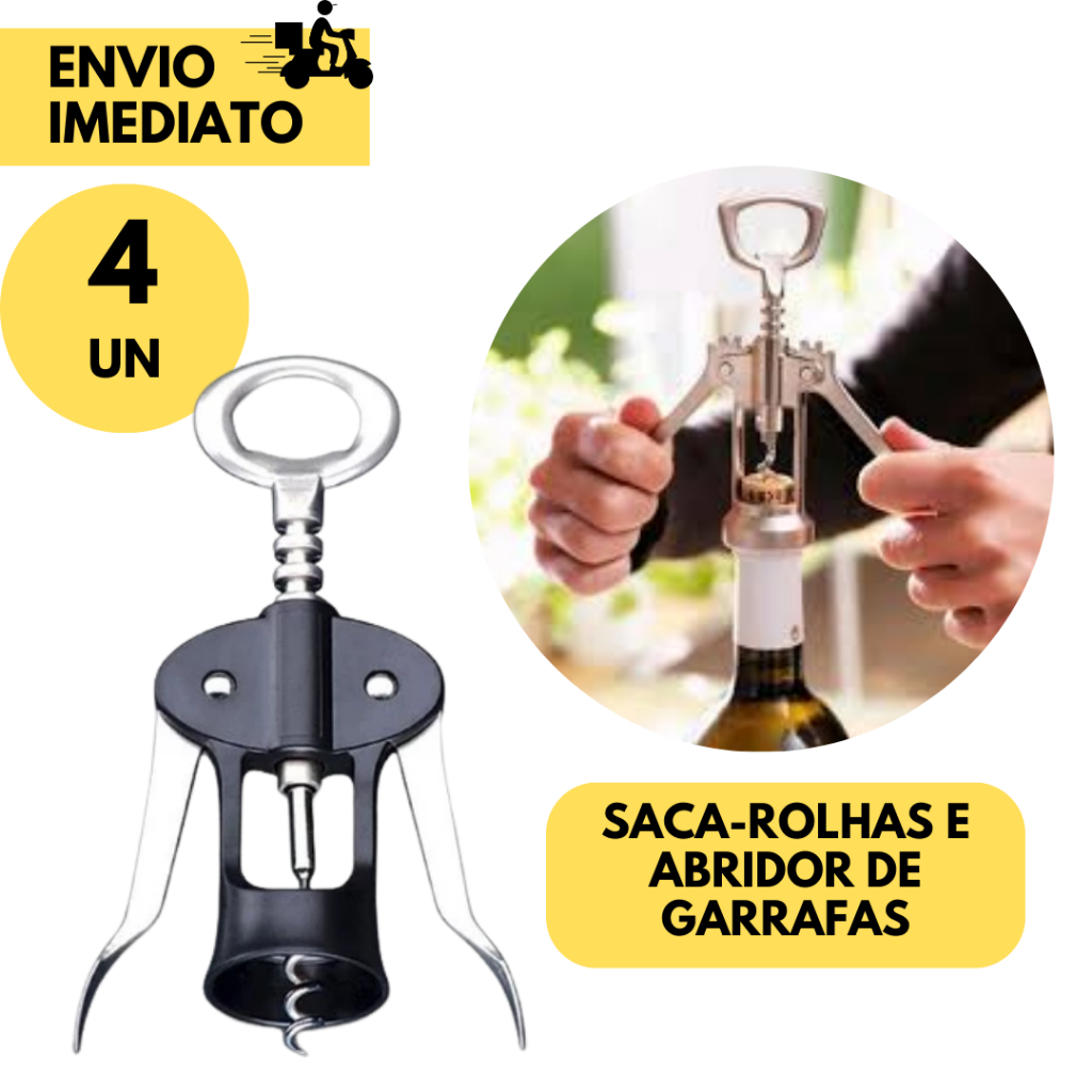 Kit 4 Saca Rolha com Abridor de Garrafas SQ 2 em 1 Aço Inox Cozinha Bar Restaurantes