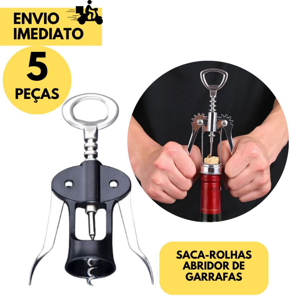 Kit 5 Saca Rolha p/ Vinho c/ Abridor de Garrafas 2 em 1 Aço Inox Cozinha Bar Restaurante e Dia a Dia