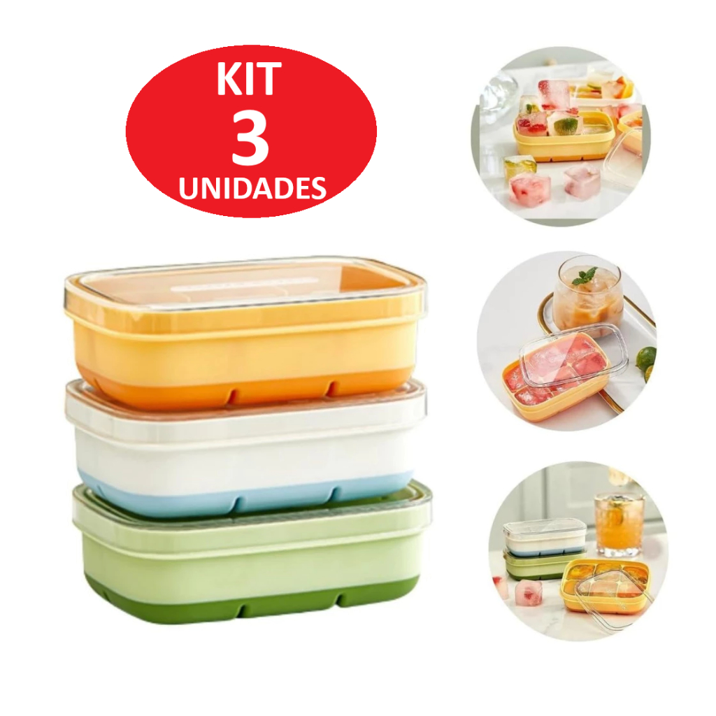 KIT c/3 Formas De Gelo Silicone Com Tampa de 6 Divisorias DIY Cubo Molde Formato Quadrada