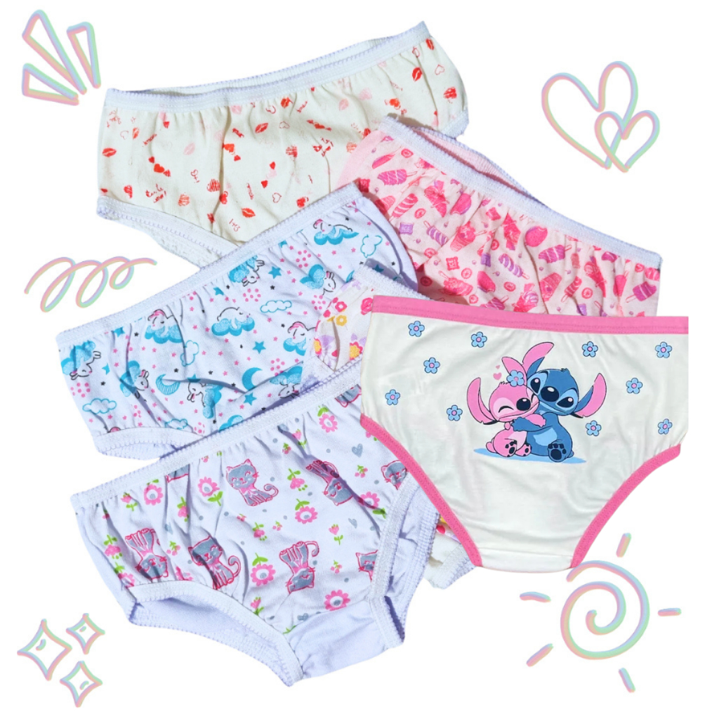 10 Calcinhas Infantis Algodão de Menina Criança Estampada Com Elástico