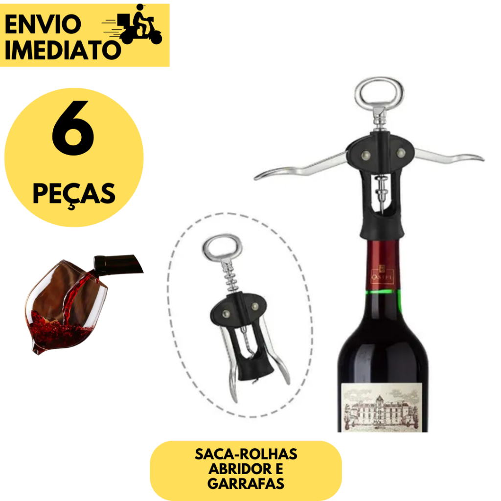 Kit 6 Saca Rolha com Abridor de Garrafas SQ 2 em 1 Aço Inox Cozinha Bar Pizzaria Restaurantes