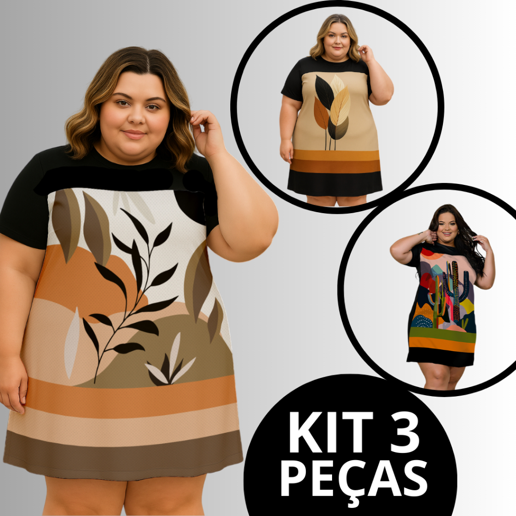 KIT com 3 Vestidos Soltinhos Plus Size Camisão Tecido Leve Estampa Exclusiva Super Confortável Comportado