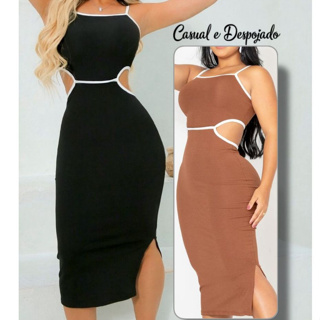 Vestido Femenino Midi Canelado Premium Com Fenda LANÇAMENTO em Oferta na Shopee