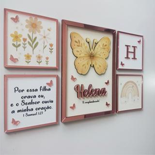 Kit 5 Quadros Decorativos Tema Borboleta com Nome e Versículo - Decoração Quarto Bebê Menina em Oferta na Shopee