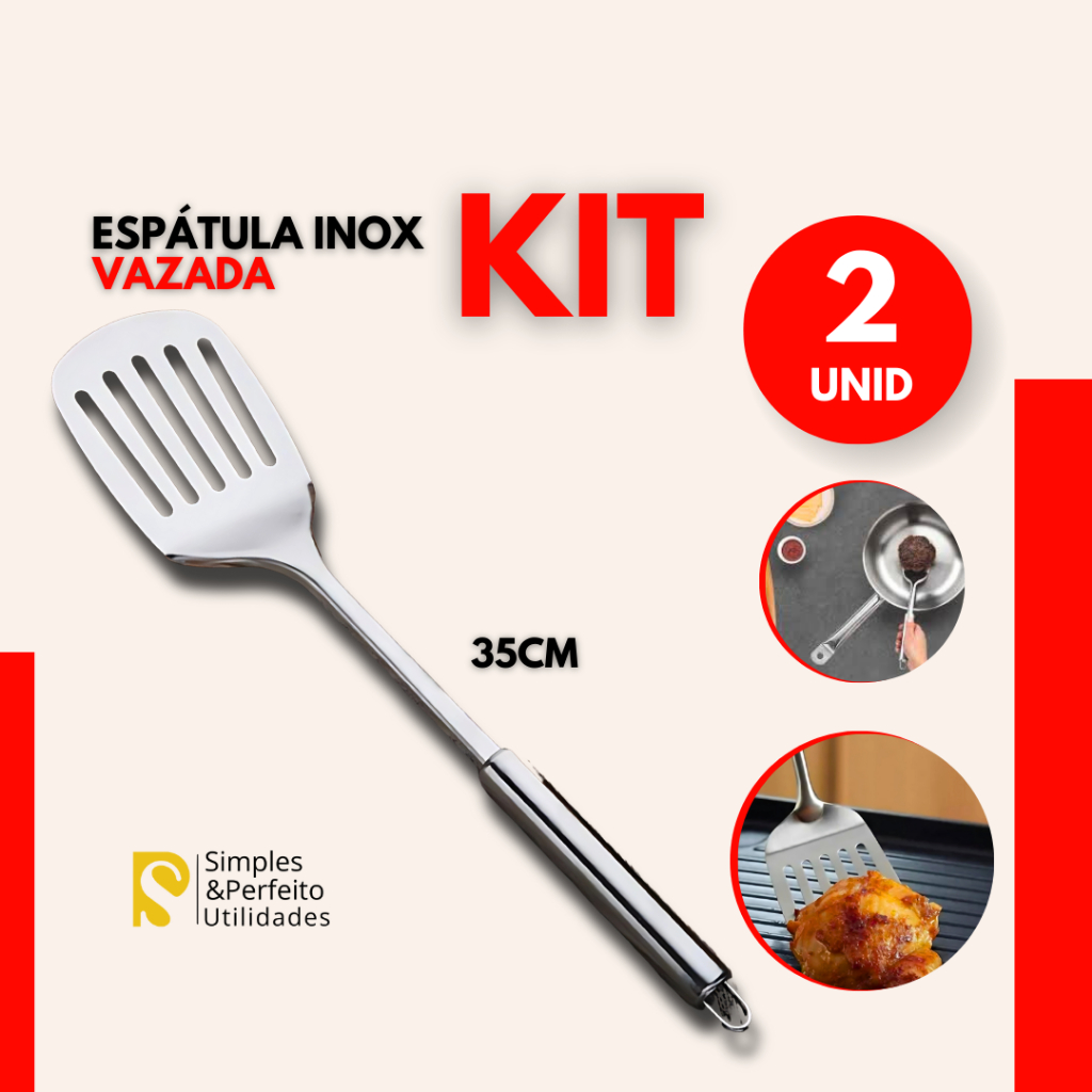 Kit 2 Espatula Vazada Aço Inox para Grelhados Fritura Cozinha Restaurante