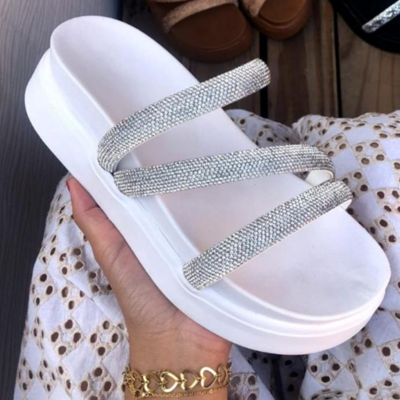 Birken Sandália Feminina Flatform 3 Tiras com Strass e Plataforma Alta TZ03