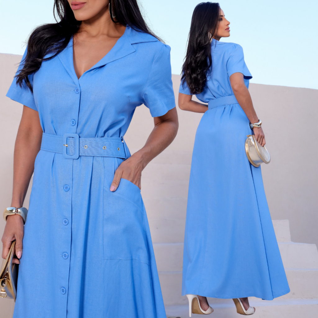 Vestido feminino com manga e cinto em linho com elastano chique em Oferta na Shopee