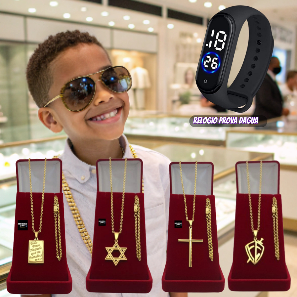 Corrente Masculina Infantil e Adulto Pingente Tudo Posso Cadeado 3mm Banhado Ouro Pulseira e Relógio Digital Prova Dagua