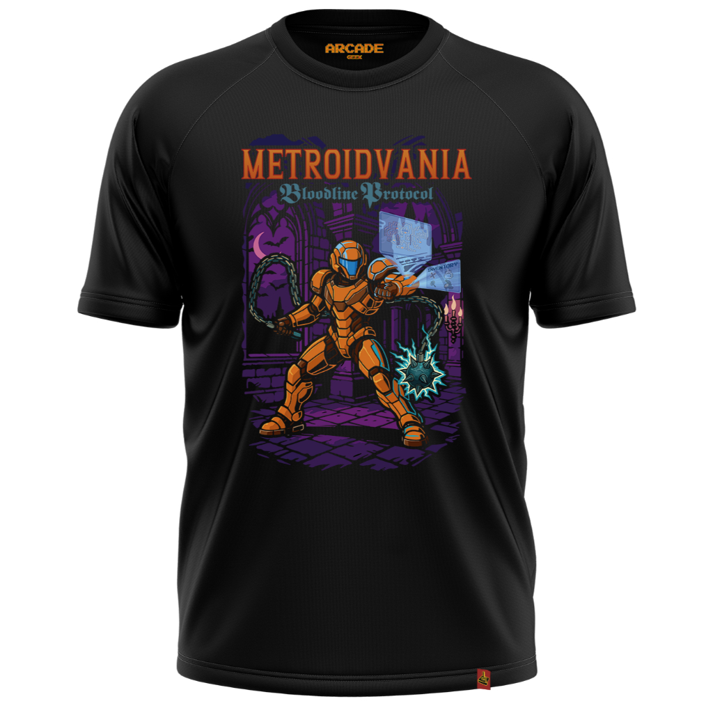 CAMISETA ARCADE GEEK GAMER METROIDVANIA BLOODLINE PROTOCOL VAMPIRE SPACE CASTLE NERD