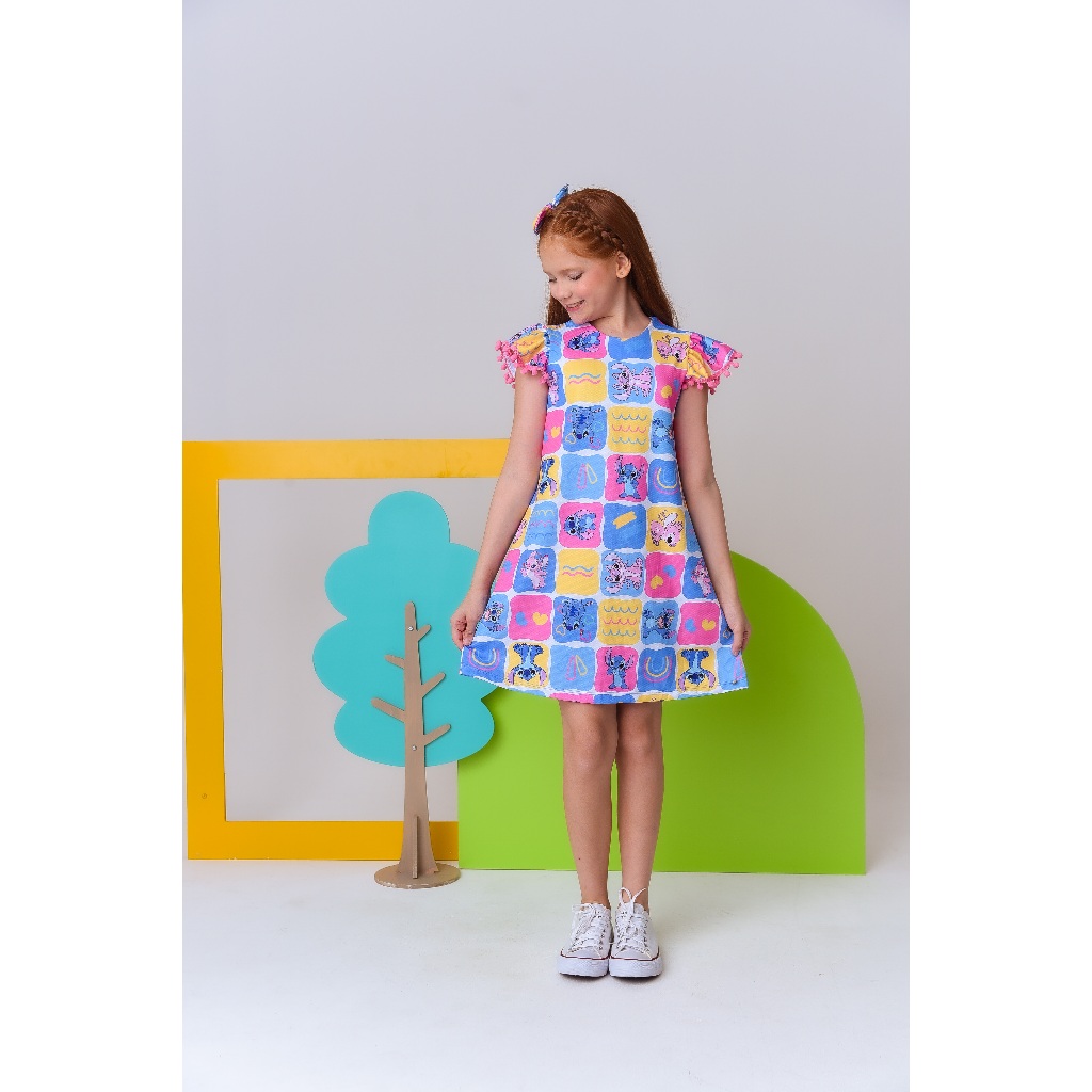 Vestido Lilo Stitch Festa Aniversário Tendência Pom Pom com laço.