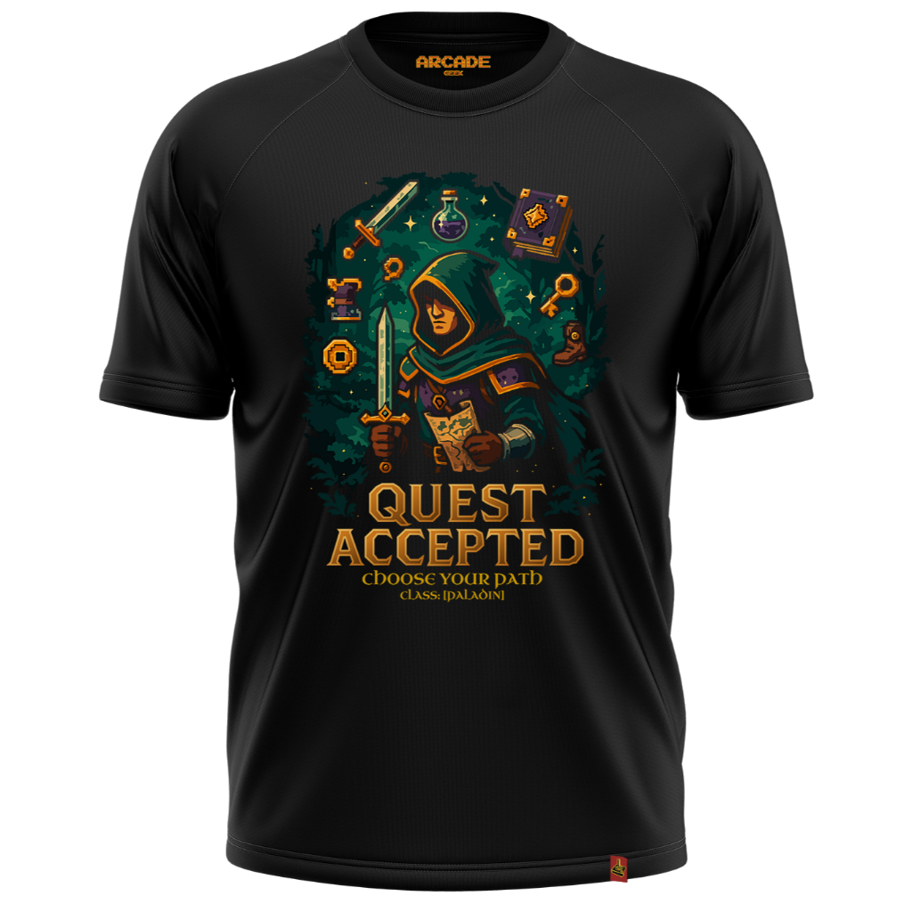 CAMISETA ARCADE GEEK GAMER RPG QUEST ACCEPTED PALADIN PALADINO CHOOSE YOUR PATH XP DRAGONS