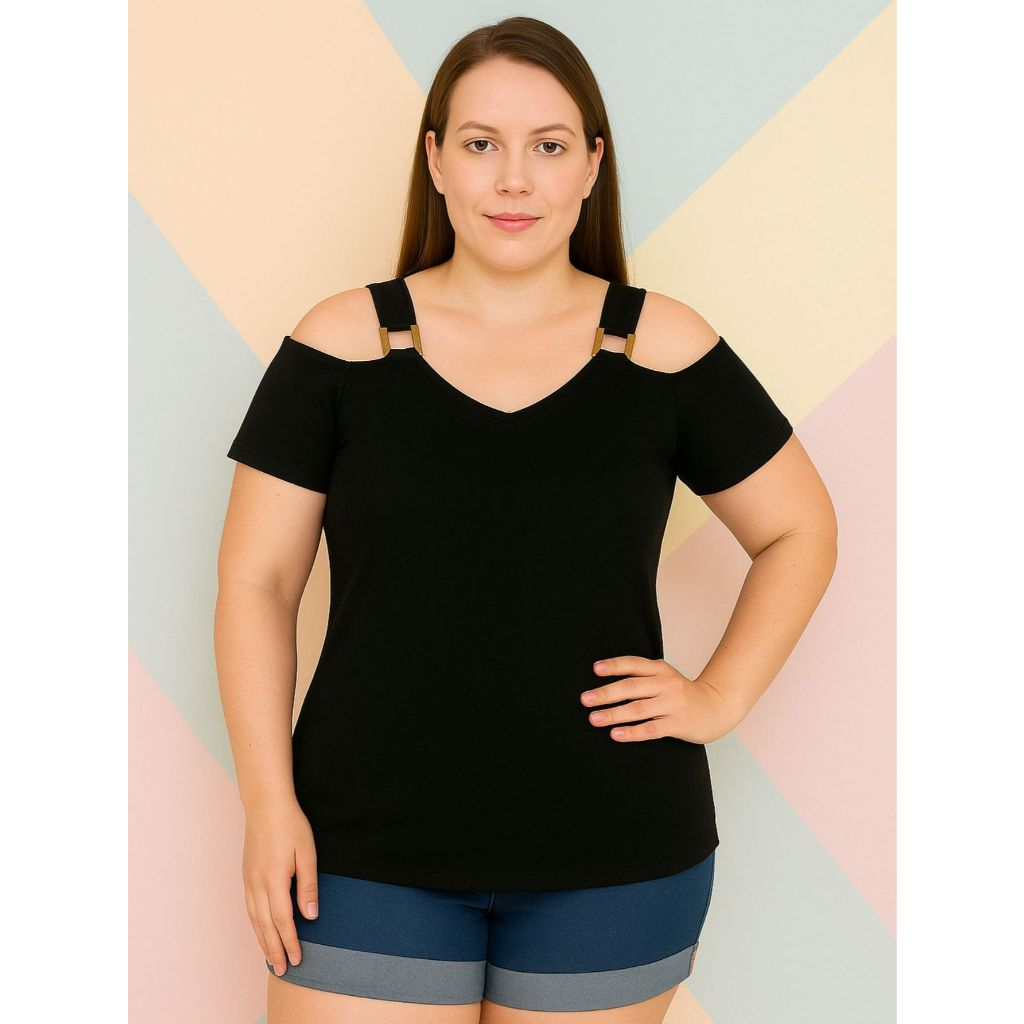 CLICK MODAS Blusa feminina Plus Size ombro vazado com fivelas douradas conforto e glamour em Oferta na Shopee